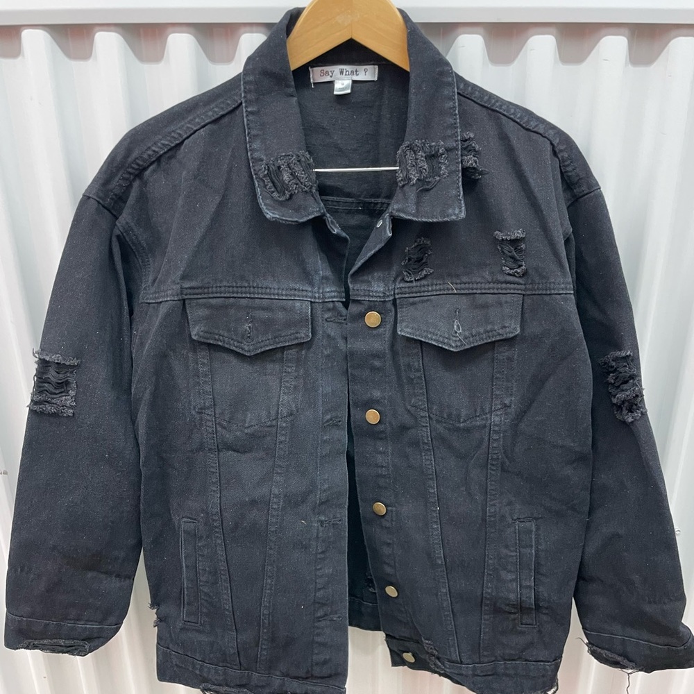 Say What Women’s Distressed Black Denim Jacket Size Medium